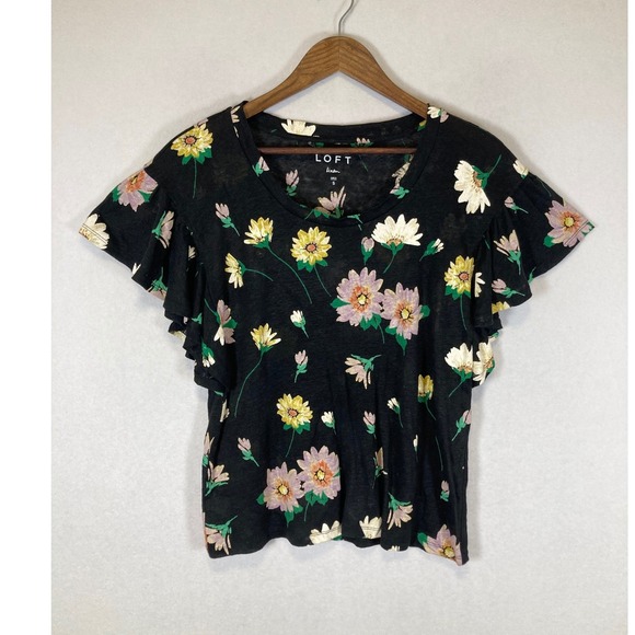 LOFT Tops - Cottagecore LOFT Women Size S Black Floral 100% Linen Flutter Sleeve Scoop Neck‎